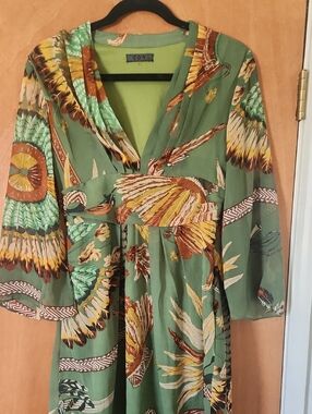 TOV Holy Green Semi Sheer Floral Midi Dress with  Brown Accents And Bell Sleeves